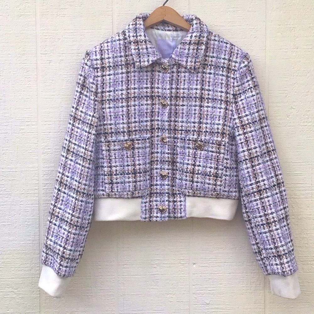 Mango Helen tweed heart button bomber jacket